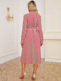 Tied Houndstooth Long Sleeve Midi Dress 