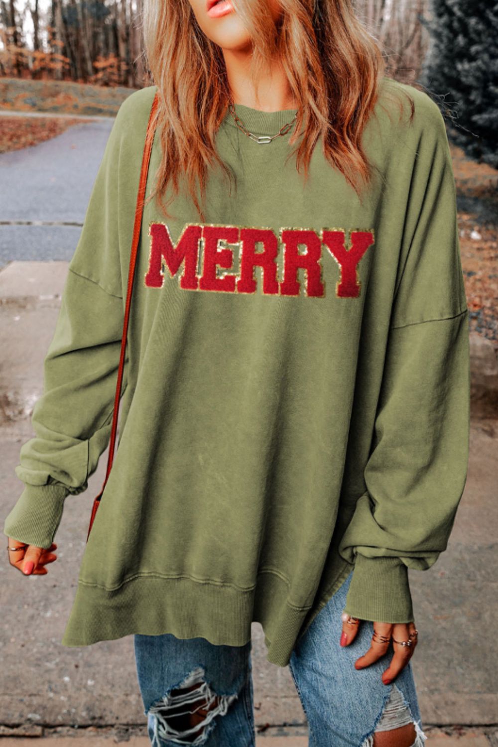 MERRY Side Slit Long Sleeve Sweatshirt 