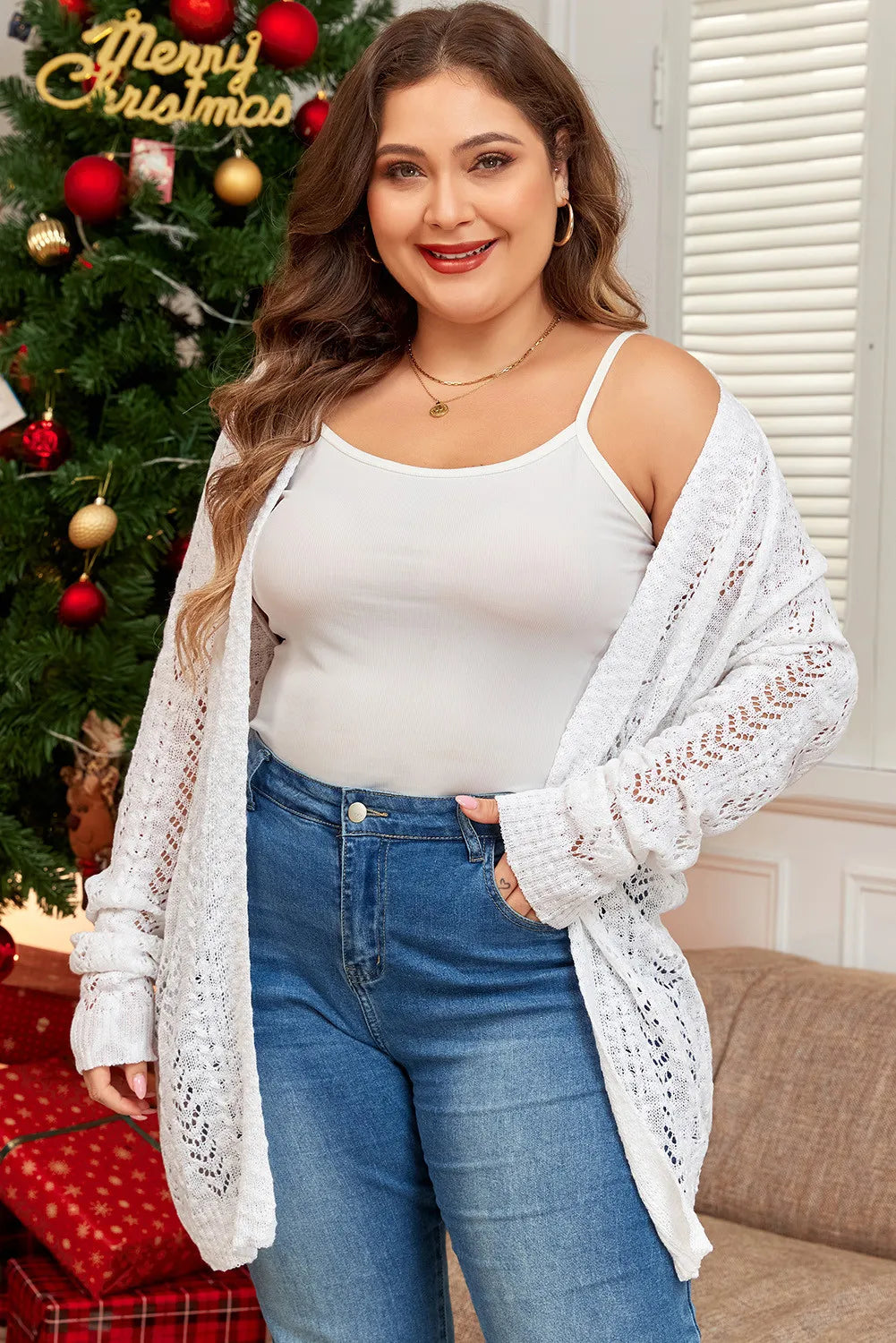Plus Size Openwork Open Front Long Sleeve Cardigan 