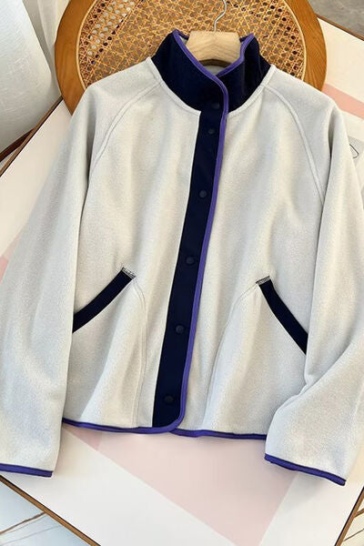 Double Take Snap Down Contrast Fleece Jacket with Pockets 