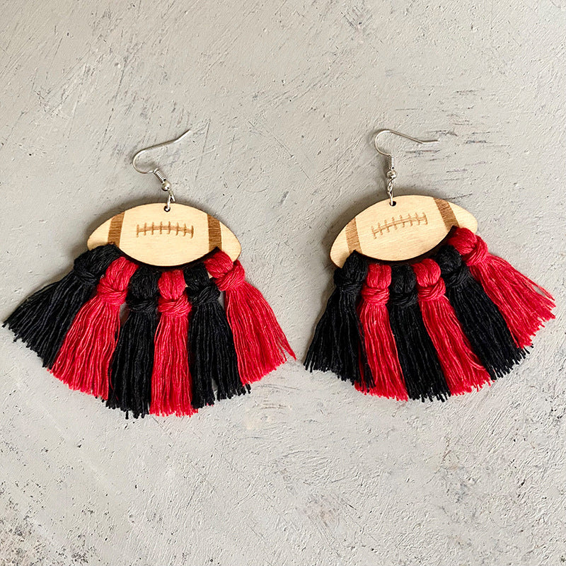 Fringe Detail Football Shape Wooden Dangle Earrings 