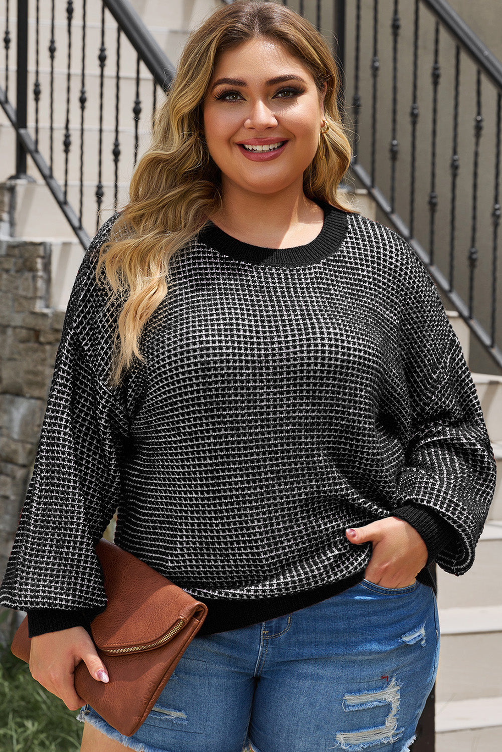 Plus Size Waffle-Knit Round Neck Dropped Shoulder Sweater 