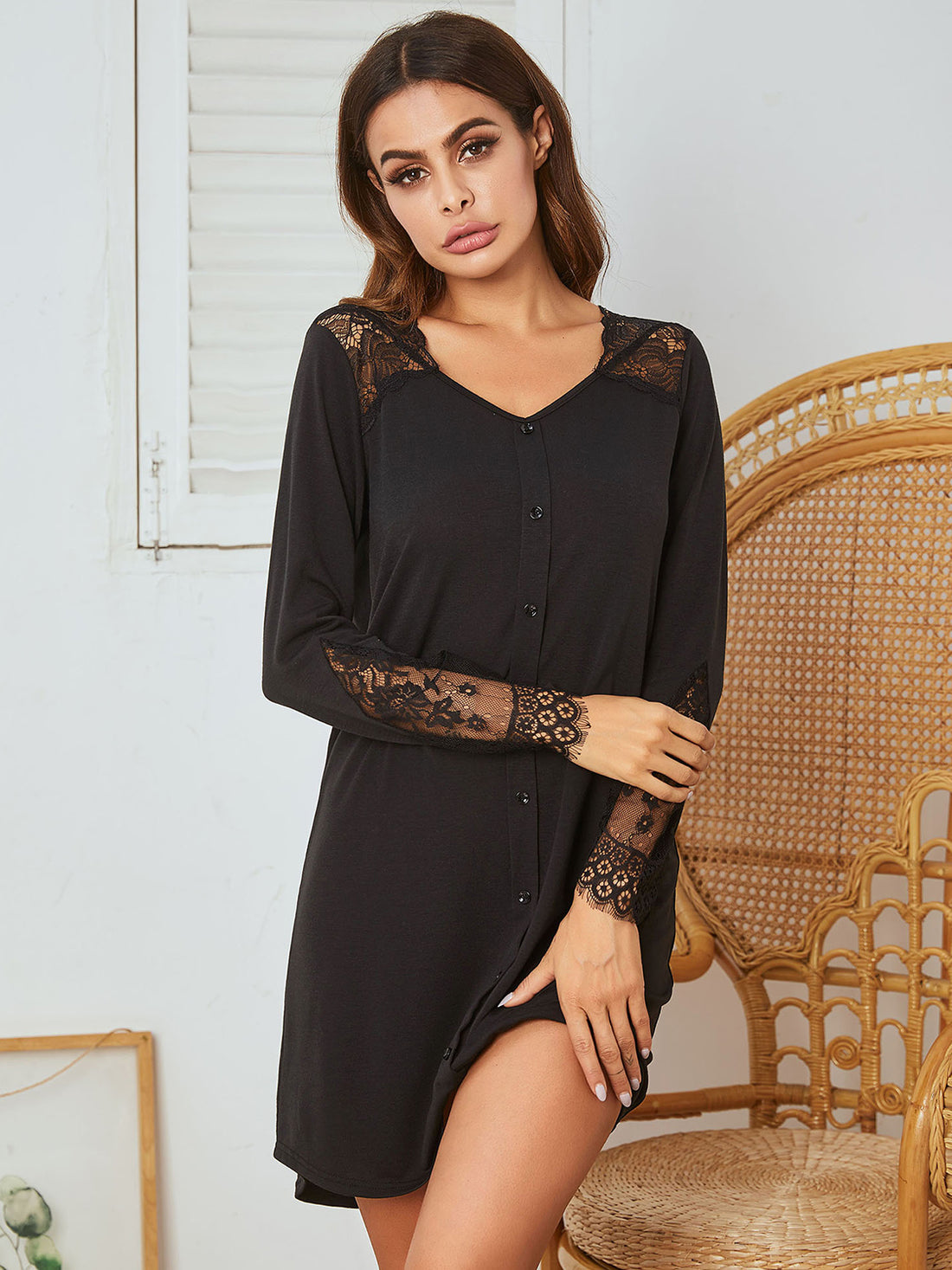 Lace Detail Long Sleeve Mini Lounge Dress 