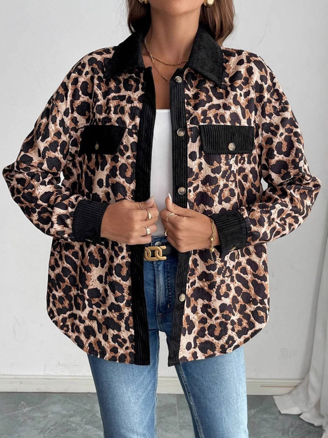 Leopard Collared Neck Button Up Shacket 