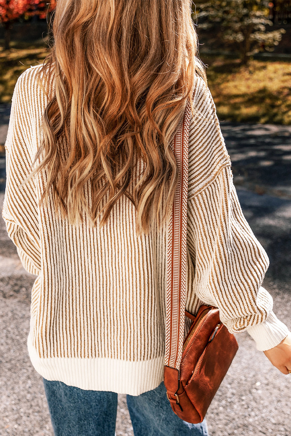 Chestnut Striped Textured Knit Contrast Edge Loose Sweater Sweaters & Cardigans/Sweaters