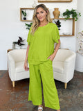Double Take Full Size Texture Round Neck Short Sleeve T-Shirt and Wide Leg Pants 