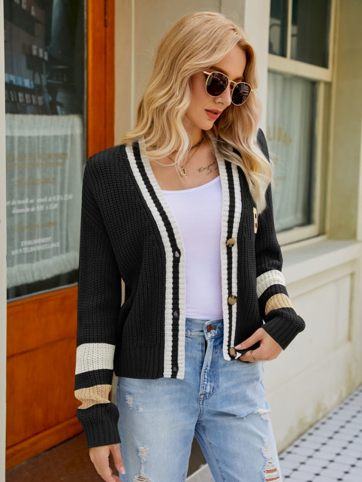 Contrast Button Up Dropped Shoulder Cardigan 