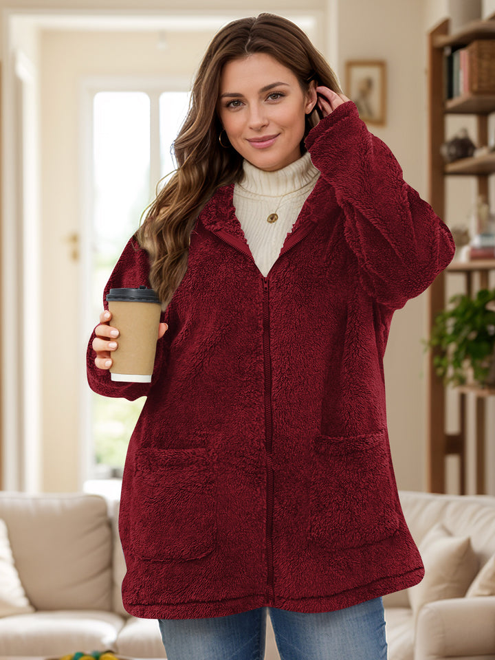 Plus Size Zip Up Long Sleeve Hooded Outerwear 