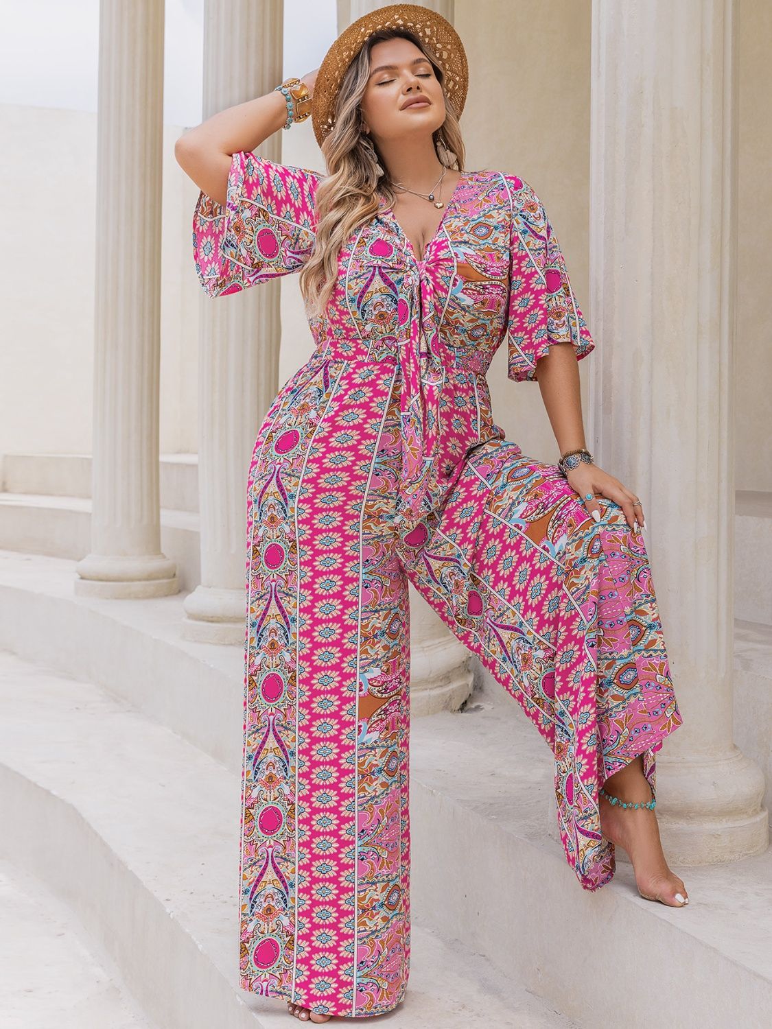 Plus Size Printed Half Sleeve Wide Leg Jumpsuit 