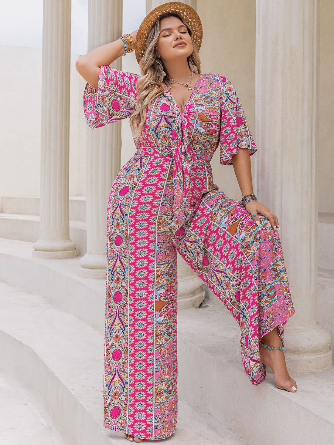 Plus Size Printed Half Sleeve Wide Leg Jumpsuit 
