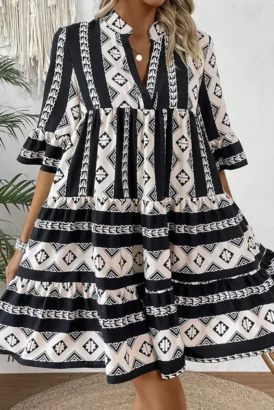 Tiered Printed Notched Half Sleeve Dress Dresses