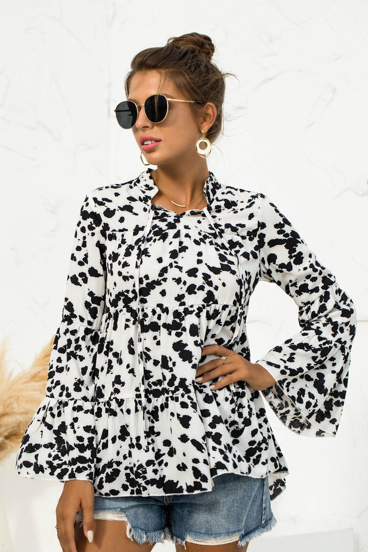 Printed Flare Sleeve Tie Neck Ruffle Trim Blouse 