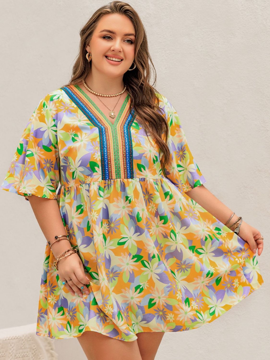 Plus Size Printed V-Neck Half Sleeve Mini Dress 