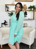 Double Take Full Size Printed Ruched V-Neck Long Sleeve Dress 