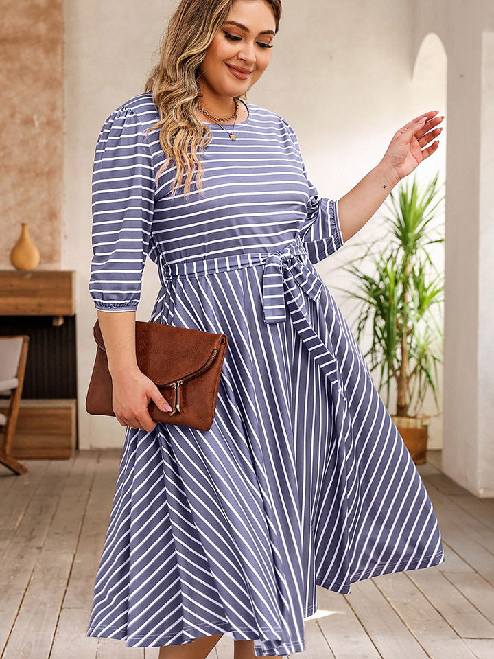 Plus Size Round Neck Striped Tie Waist Dress 