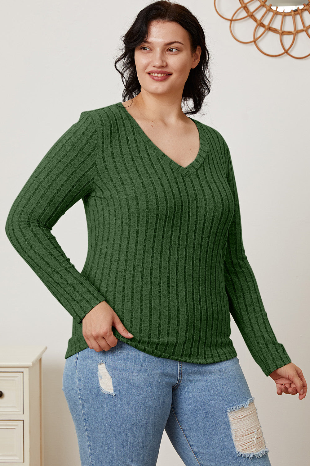 Basic Bae Full Size Ribbed V-Neck Long Sleeve T-Shirt 