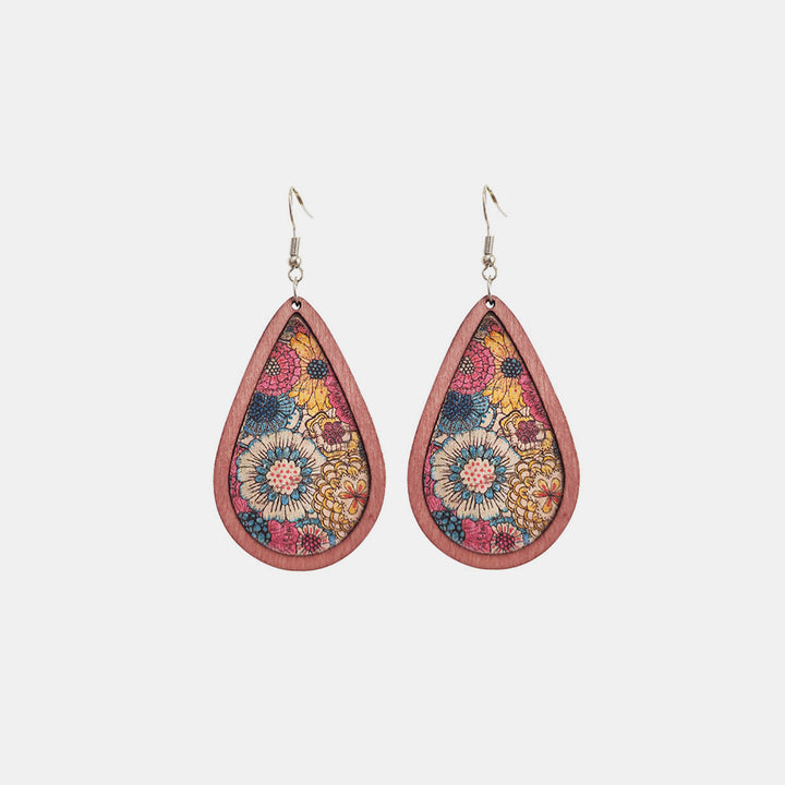 Floral Wood Teardrop Earrings 