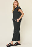 Double Take Texture Ruffle Short Sleeve Top and Drawstring Wide Leg Pants Set 