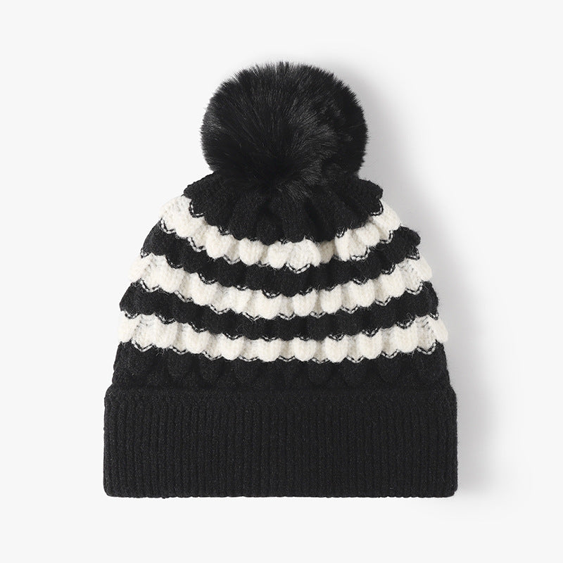 Striped Contrast Knit Hat with Pom-pom 