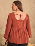 Plus Size Lace Detail Square Neck Long Sleeve Blouse 