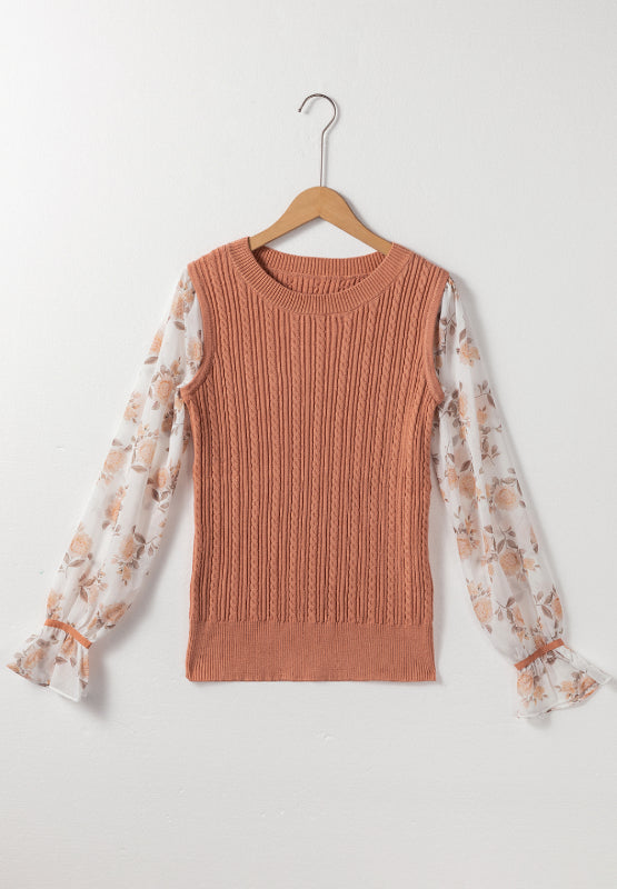 Cable Knit Round Neck Flounce Sleeve Sweater 