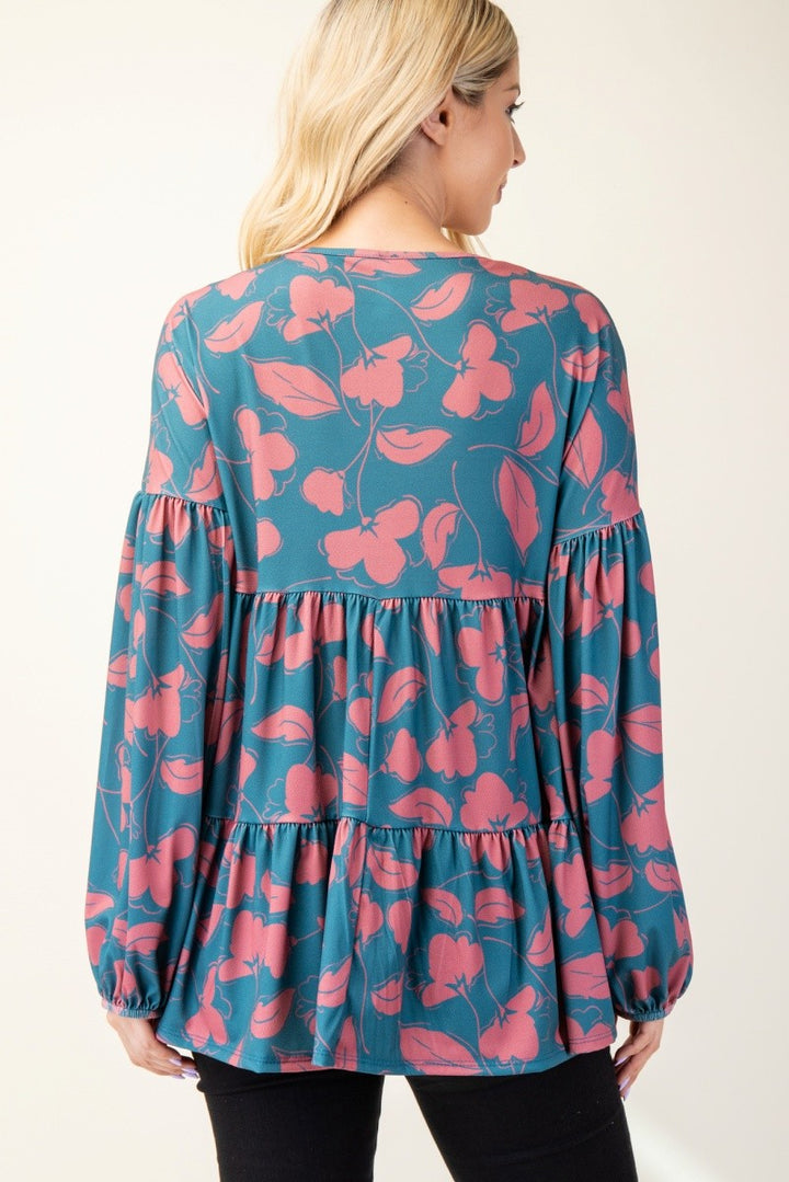 Celeste Full Size Tiered Floral V-Neck Long Sleeve Blouse 