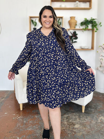 Double Take Full Size Printed Ruffle Hem Long Sleeve Tiered Dress 