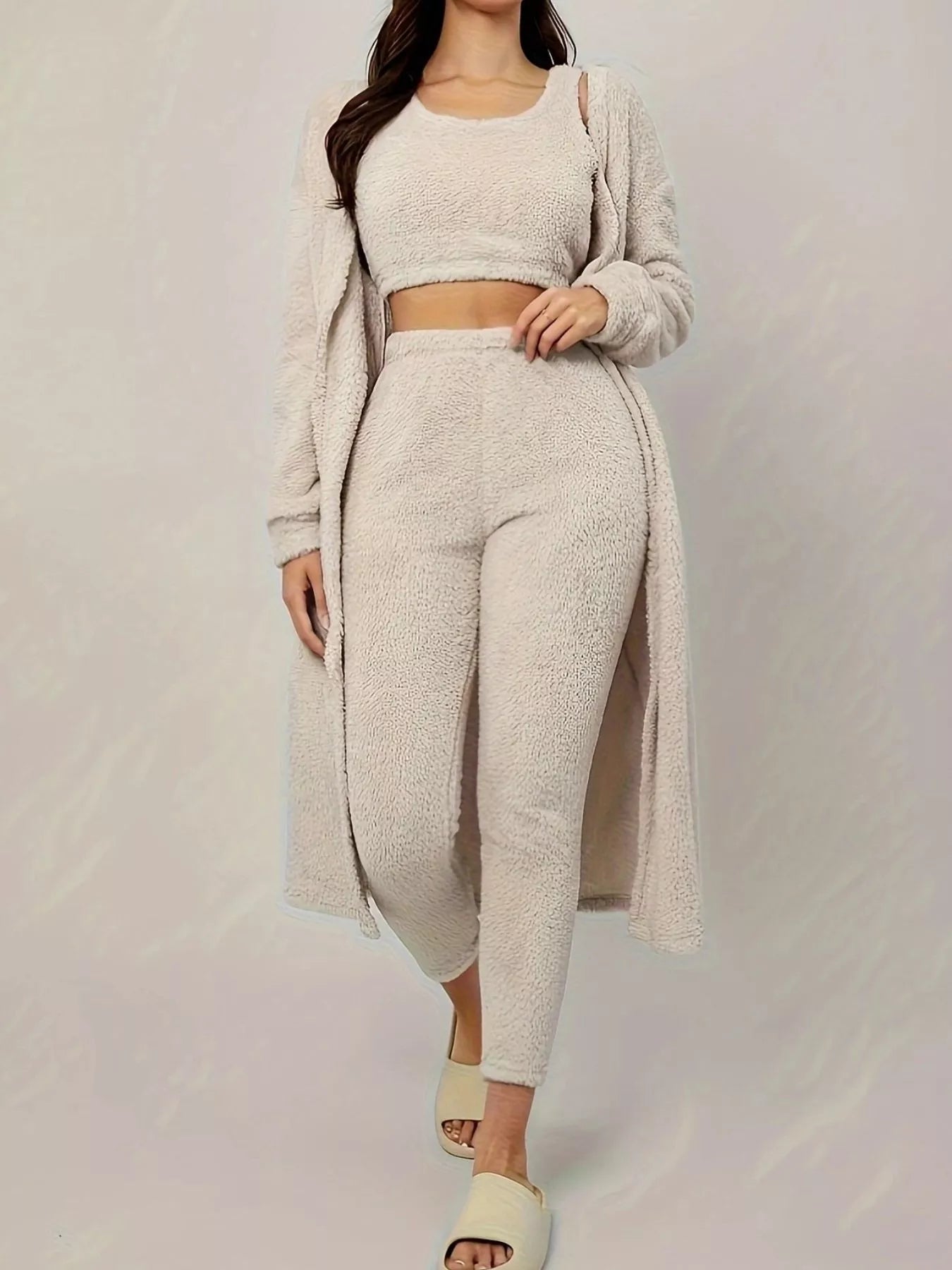 Fuzzy Tank Long Sleeve Cardigan and Pants 3-Piece Lounge Set Lingerie & Nightwear