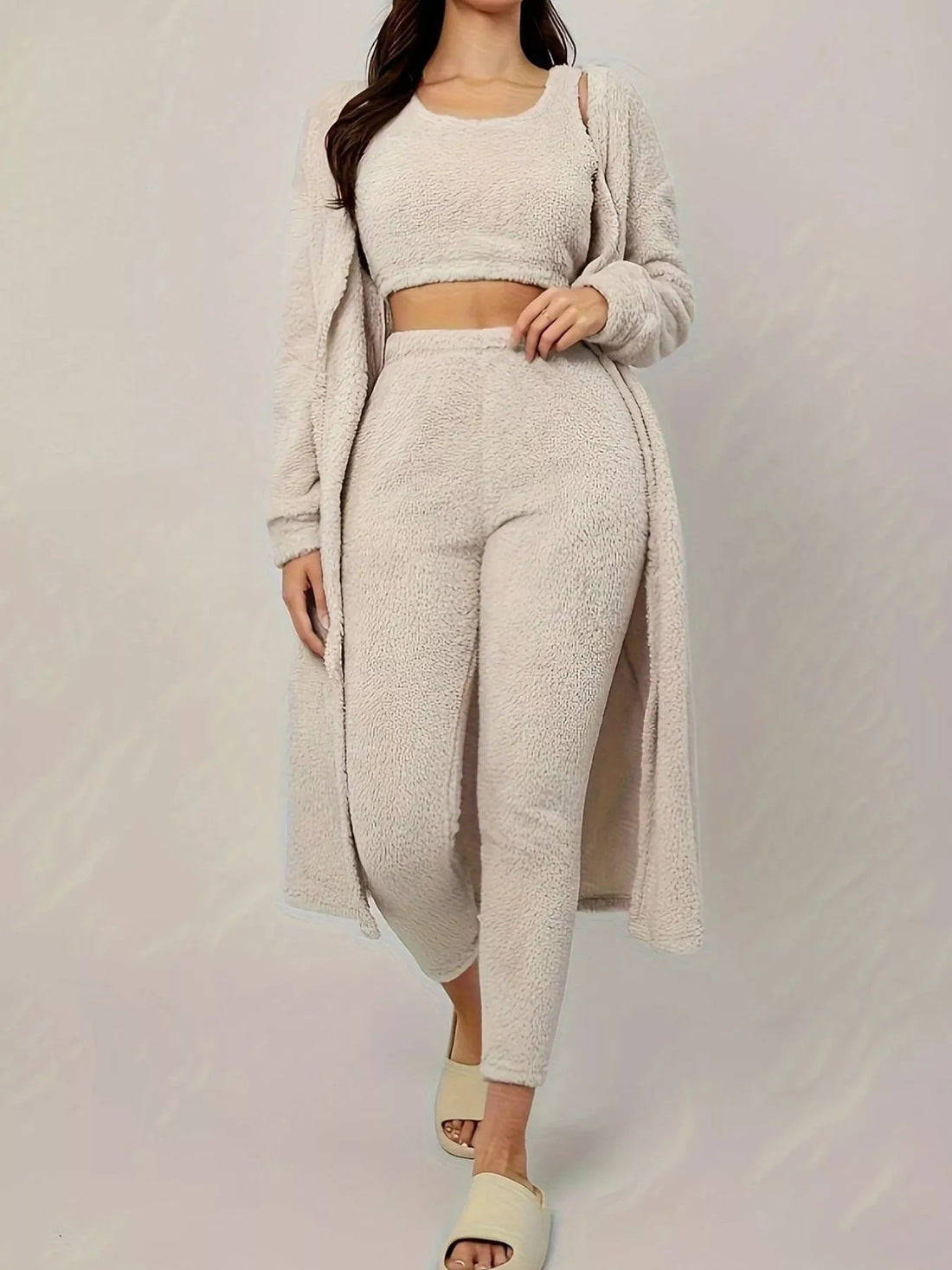 Fuzzy Tank Long Sleeve Cardigan and Pants 3-Piece Lounge Set Lingerie & Nightwear
