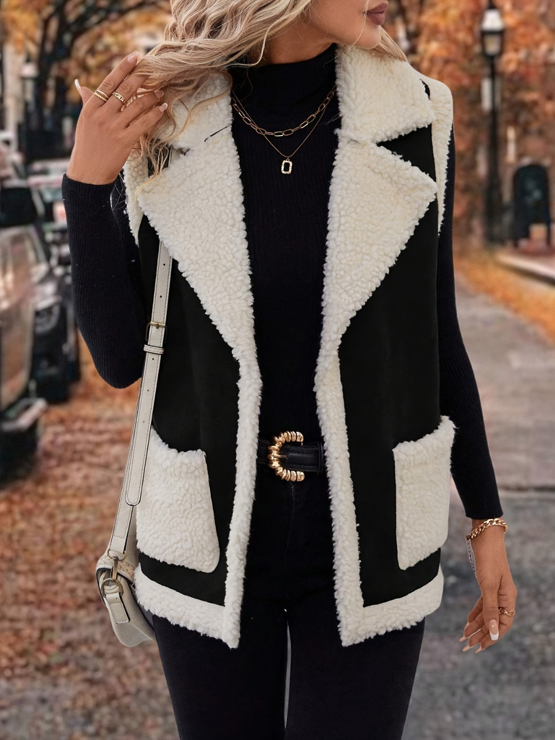 Full Size Contrast Open Front Sherpa Vest Coat 