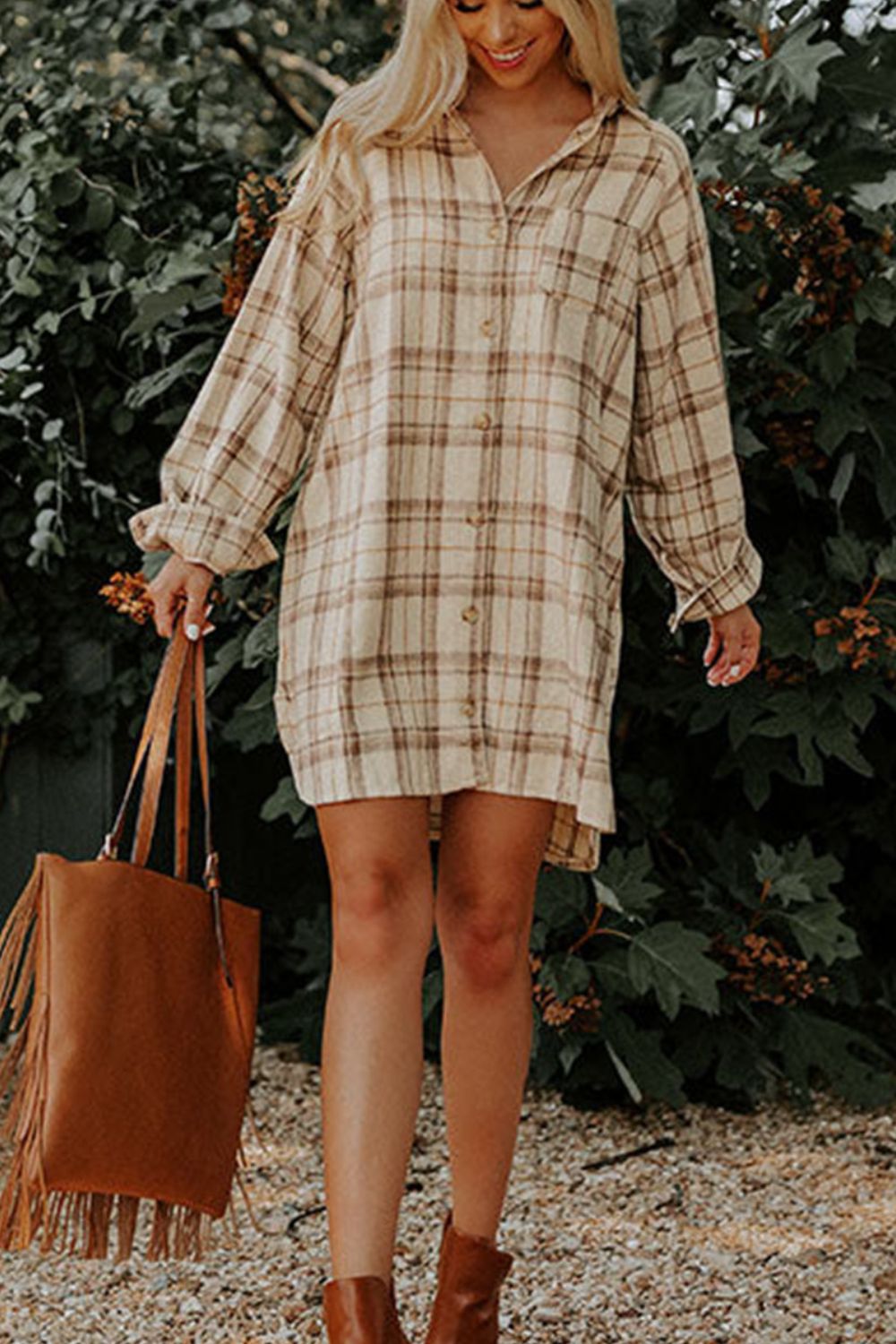 Plaid Collared Neck Long Sleeve Mini Shirt Dress 