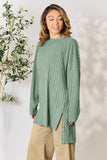 Basic Bae Full Size Ribbed Round Neck Long Sleeve Slit Top 