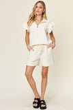 Double Take Full Size Texture Flounce Sleeve Top and Drawstring Shorts Set 