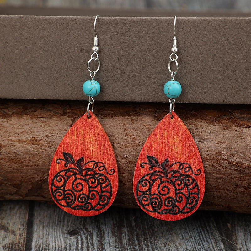Turquoise Wooden Pumpkin Teardrop Earrings 