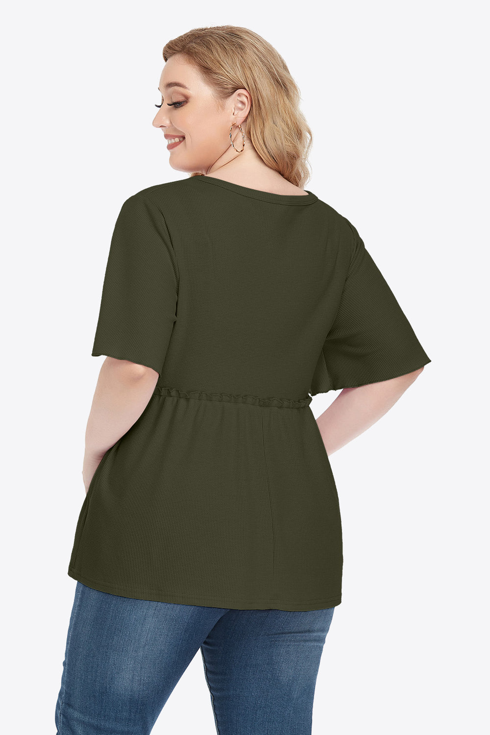 Plus Size Buttoned V-Neck Frill Trim Babydoll Blouse 