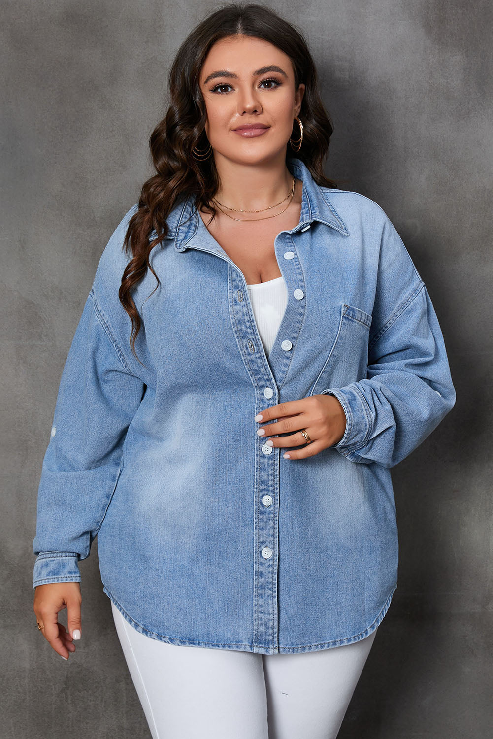 Plus Size Button Up Pocketed Denim Top 