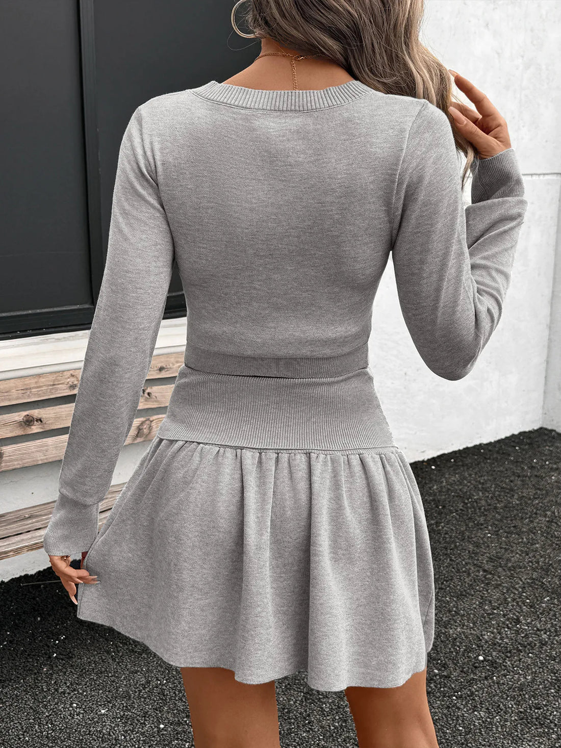 Ribbed Long Sleeve Top and Skirt Knit Set 