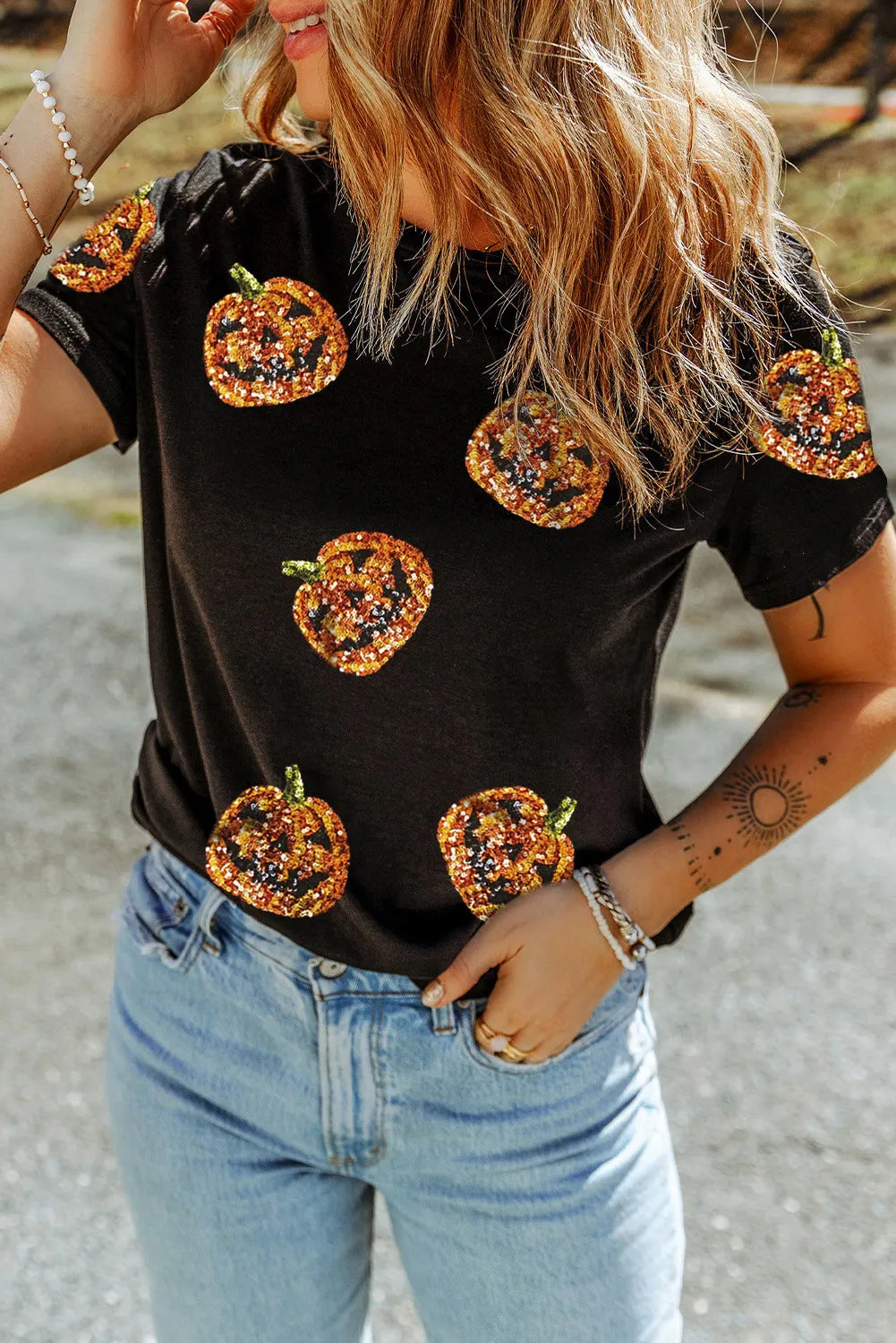Sequin Pumpkin Round Neck Short Sleeve T-Shirt 