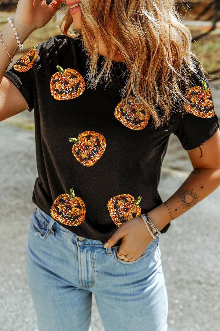 Sequin Pumpkin Round Neck Short Sleeve T-Shirt 