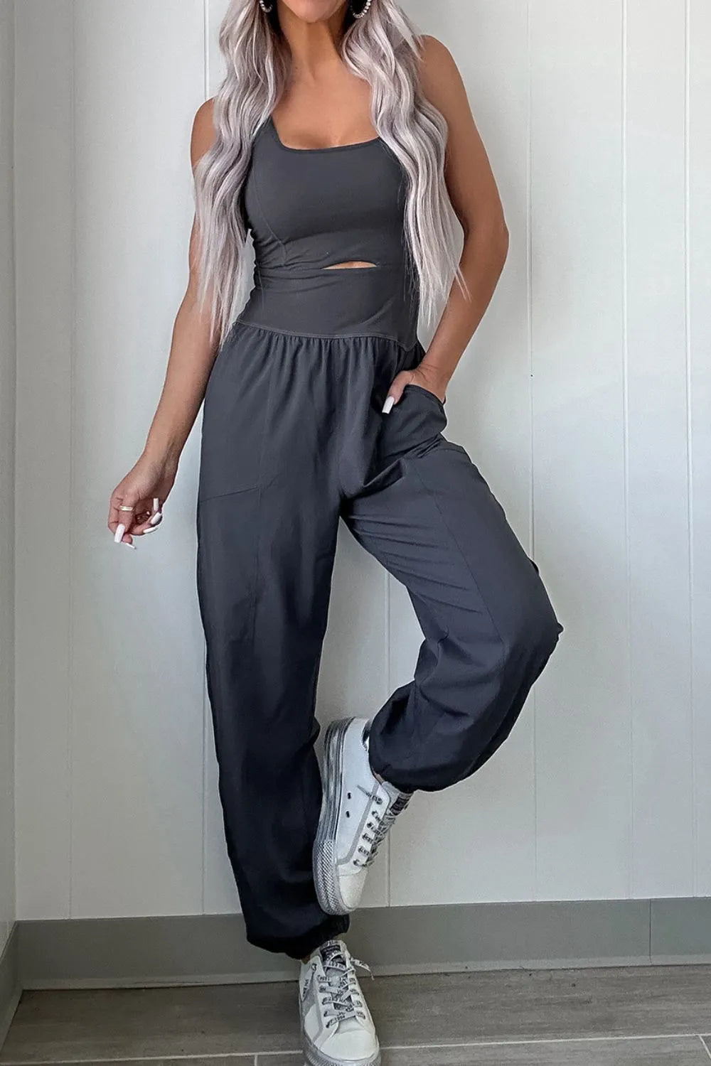 Cutout Square Neck Wide Strap Active Jumpsuit 