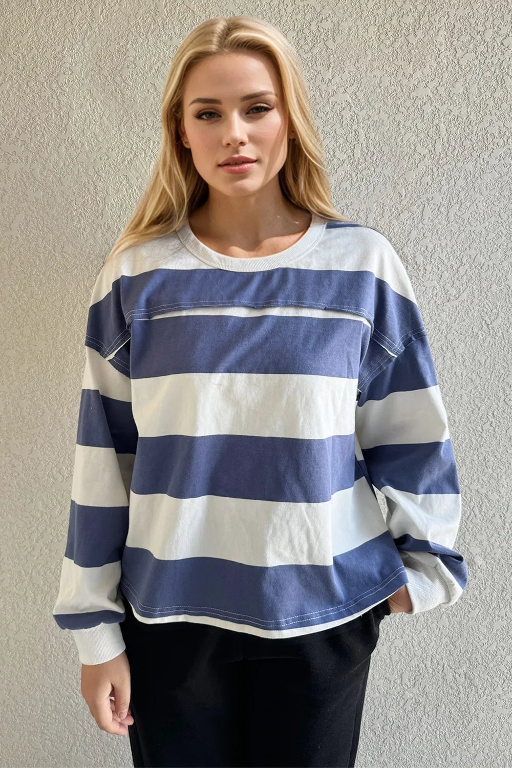 Oh Pima Cotton Wash Exposed Seam Contrast Striped Round Neck Long Sleeve T-Shirt 