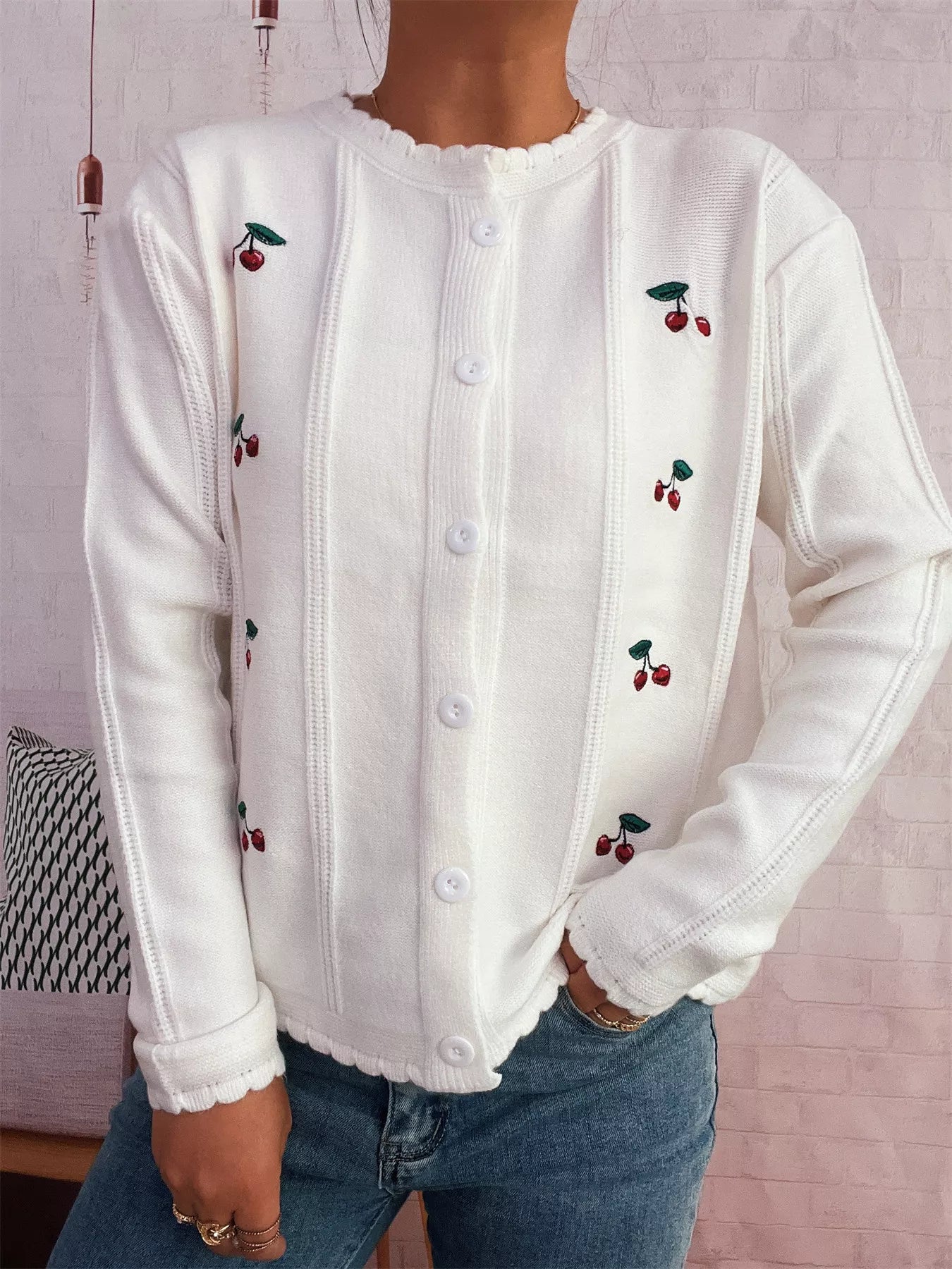 Cherry Embroidered Button Up Cardigan 