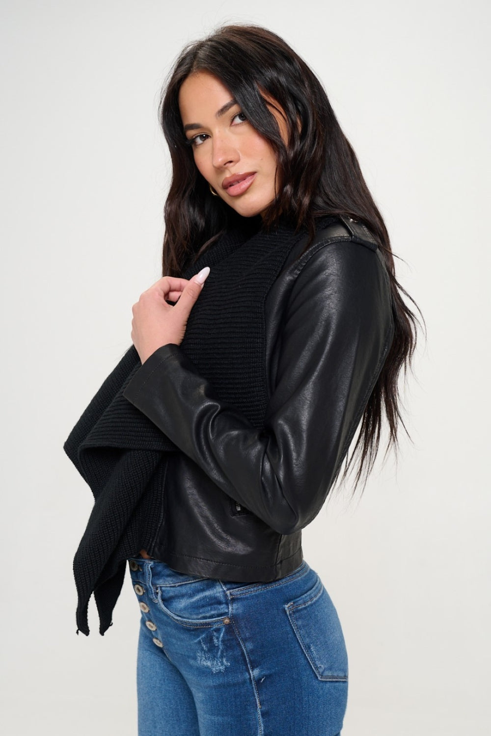 Coalition LA Knit Collared Faux Leather Crop Jacket 