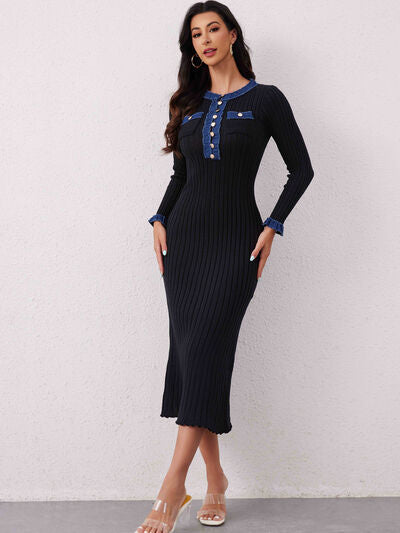 Contrast Trim Round Neck Long Sleeve Sweater Dress Dresses