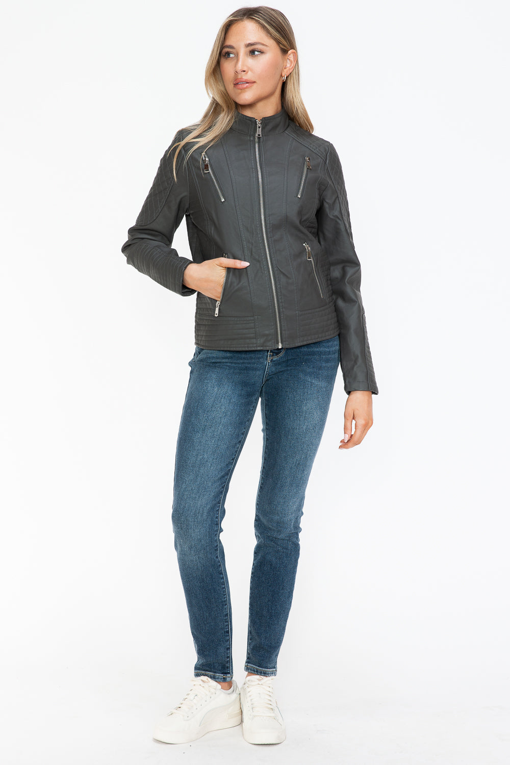 Snobbish Faux Leather Zip Up Mock Neck Jacket 