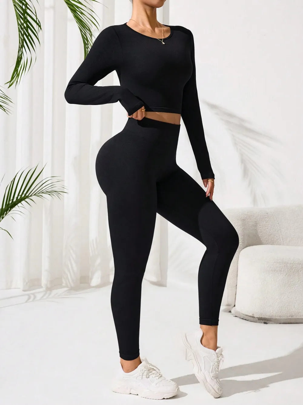 Lace-Up Back Round Neck Top and Leggings Active Set 