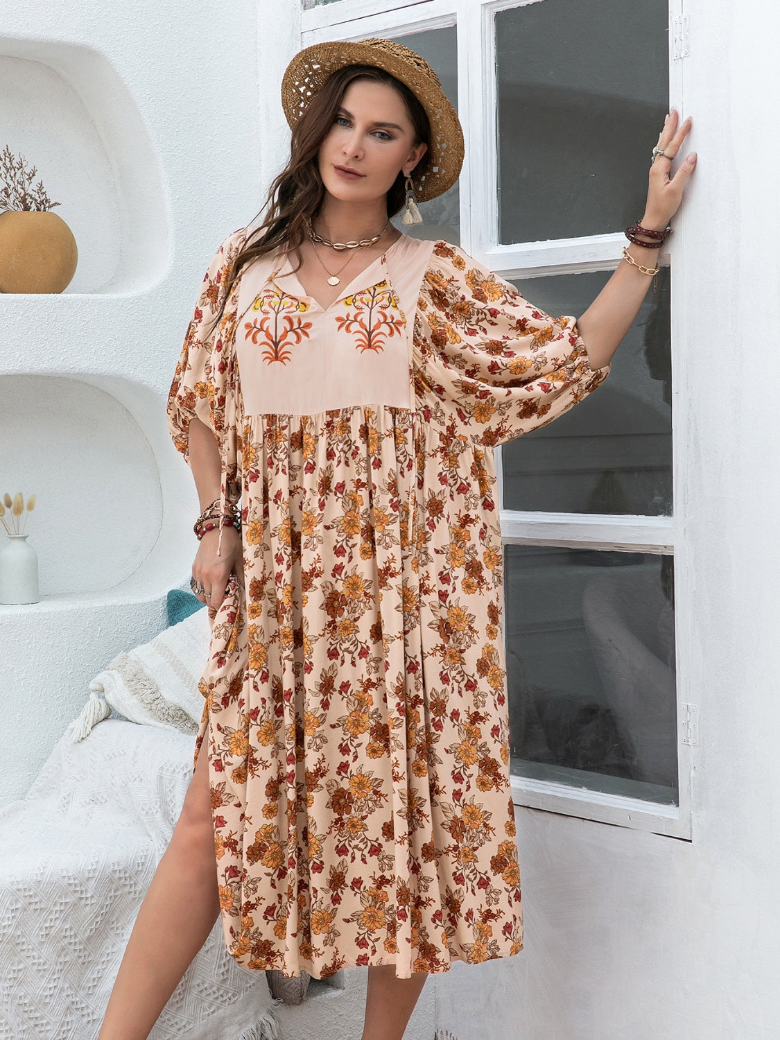 Plus Size Printed Tie Neck Half Sleeve Midi Dress 