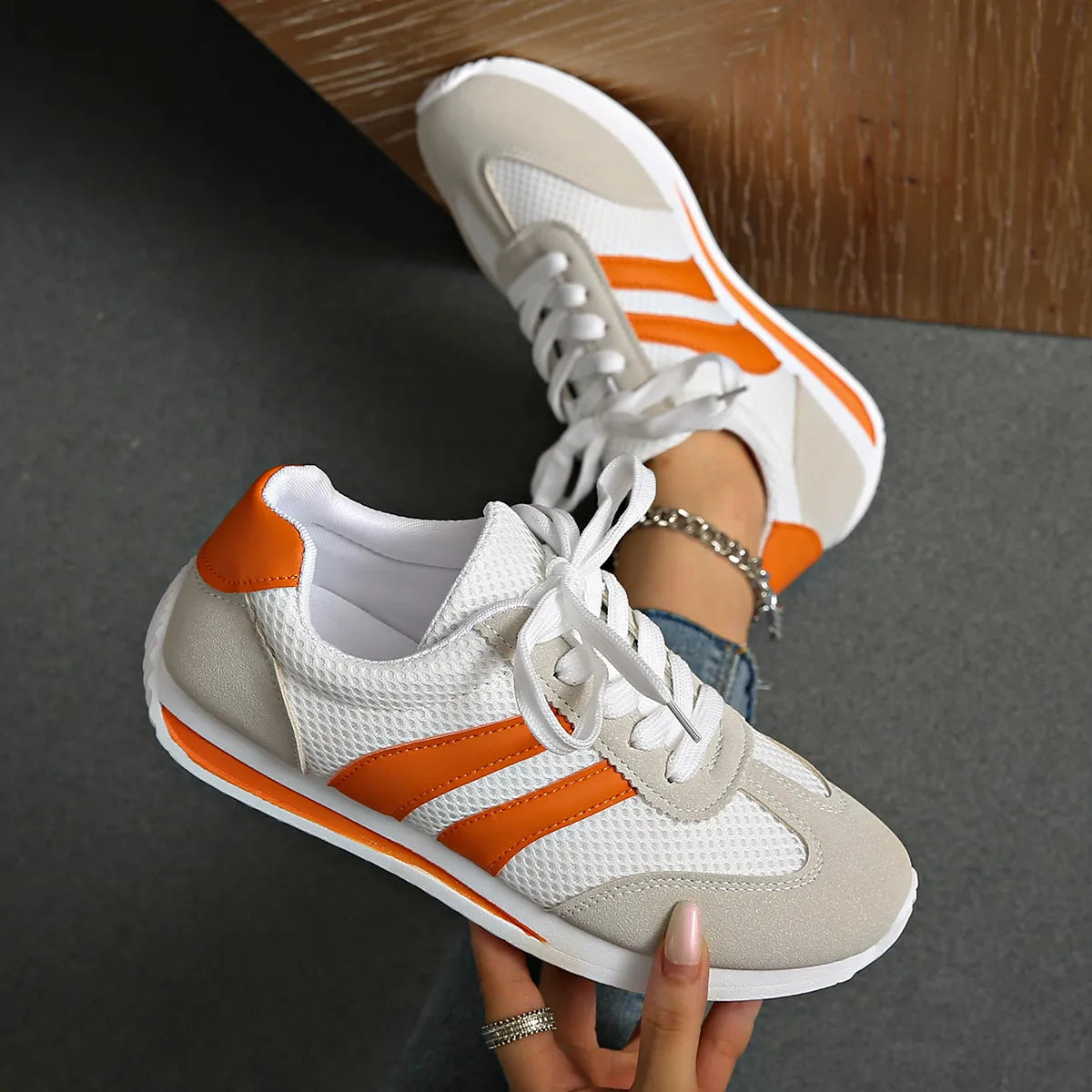 Striped Contrast Mesh Lace Up Sneakers 