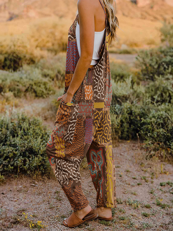Double Take Full Size Printed V-Neck Sleeveless Jumpsuit 