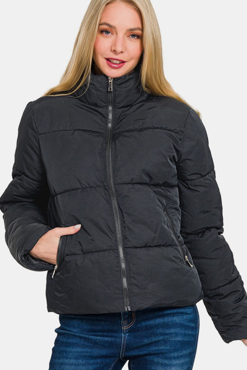 Zenana Zip Up Turtleneck Puffer Jacket with Pockets 